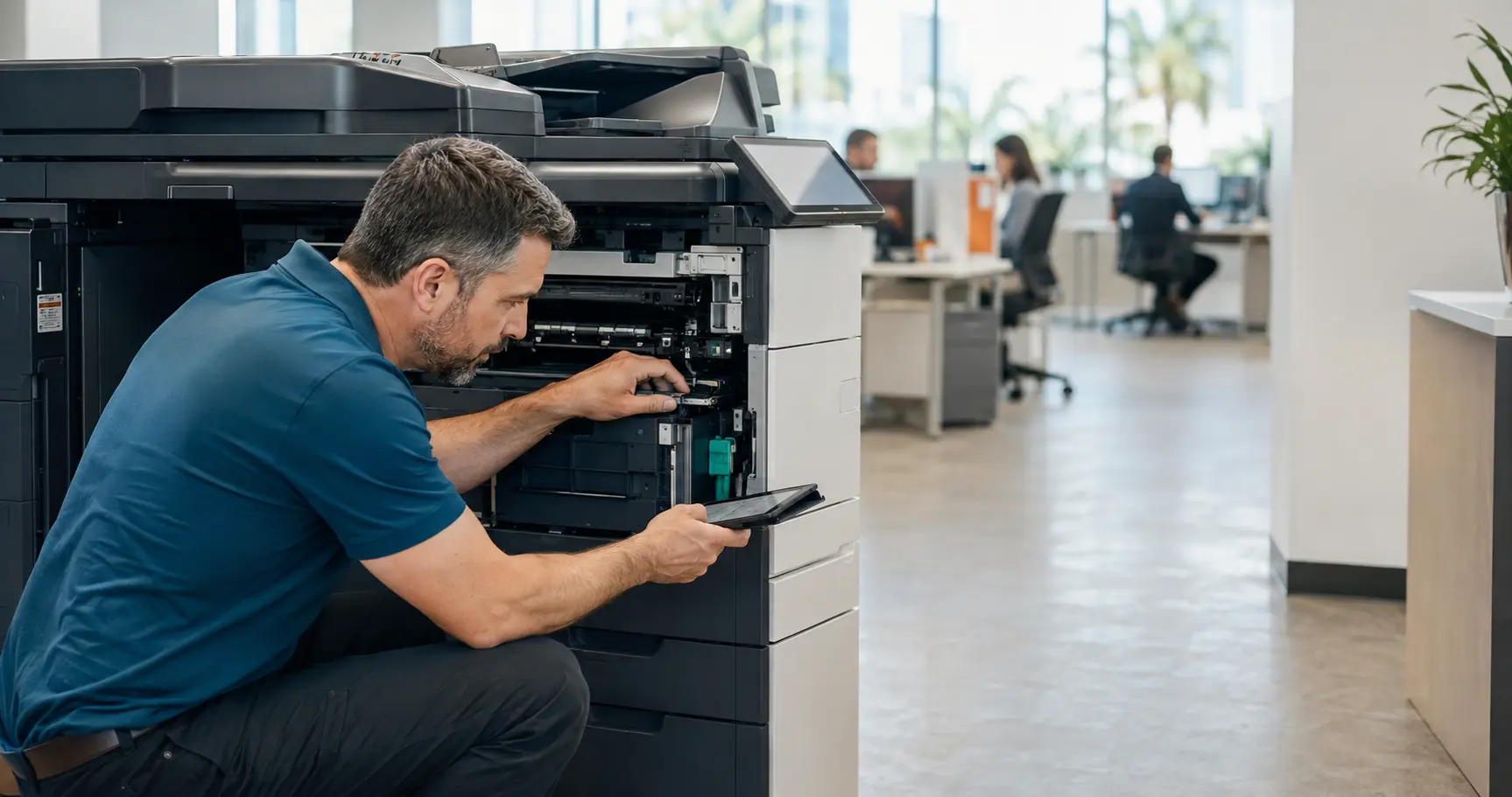 Local technician servicing a business copier