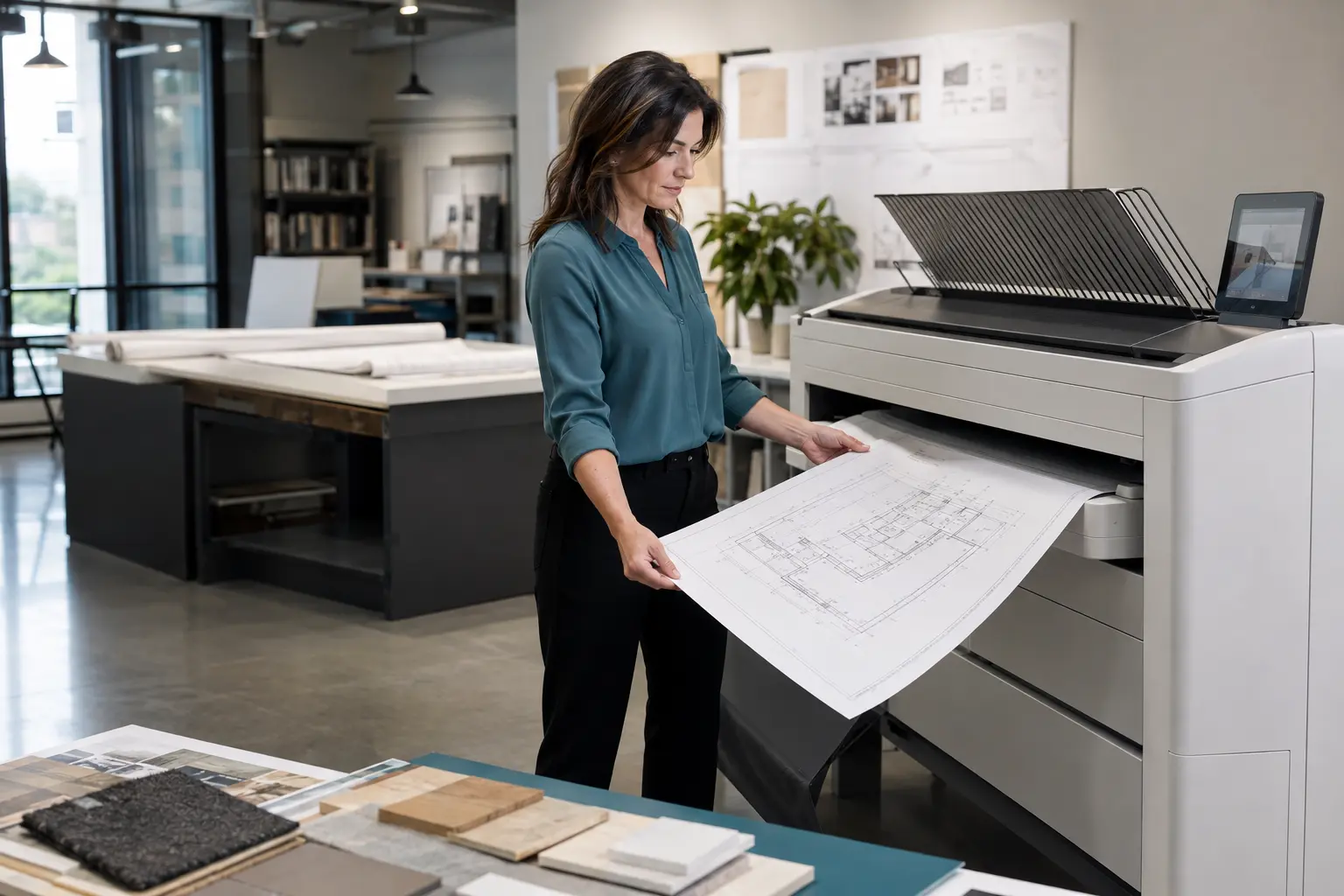 Architecture professional using a wide-format printer for technical drawings