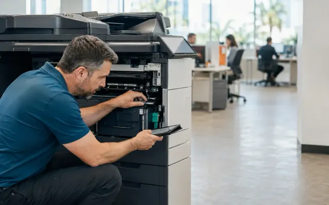 Service technician inspecting an office copier for repair