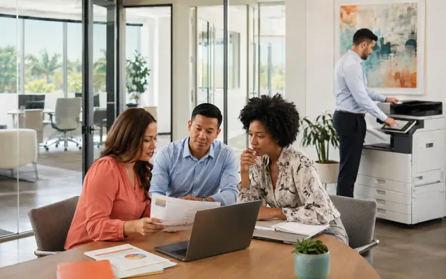 Office team reviewing printer usage and managed print workflow