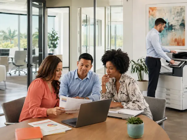 Office team planning copier, printer and document workflow needs