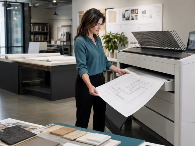 Architecture professional using a wide-format printer for technical drawings